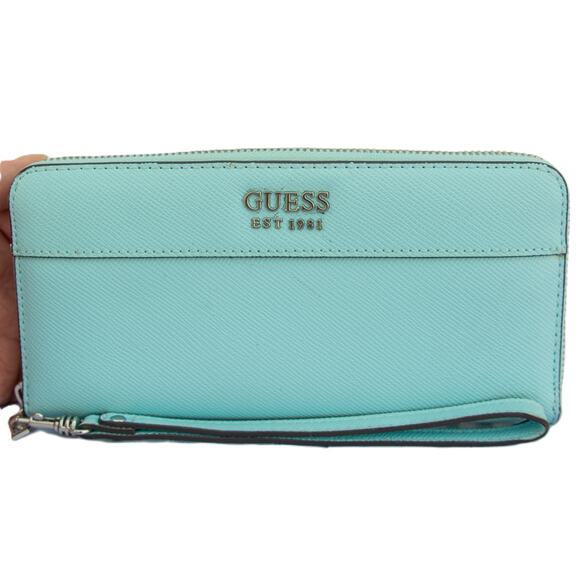 GUESS Katey Large Zip Around Wristlet Wallet Robin Egg Blue Faux Leather - Picture 1 of 7